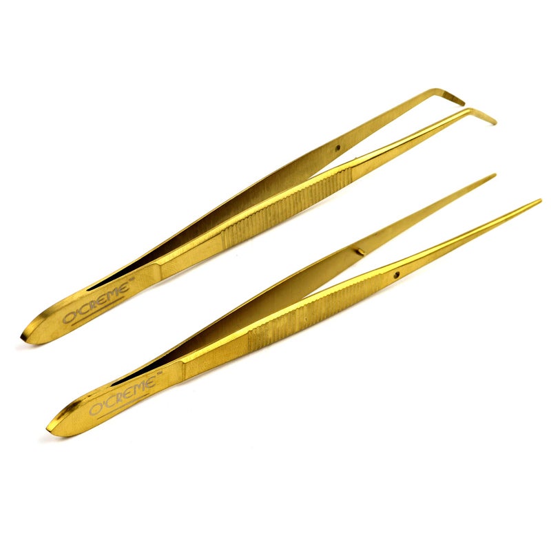 O'Creme Gold Stainless Steel Precision Kitchen Culinary Fine-Tip Tweezer Tongs, 1 Curved and 1 Straight - Image 1